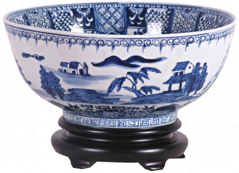 Blue And White Canton Porcelain Bowl With Base (v2644)