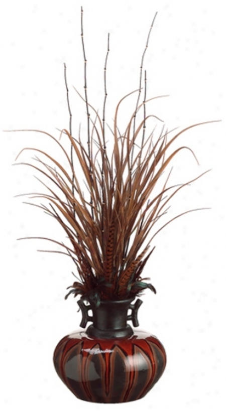 Grass And Feathers In Ceramic Vase Faux Flower Arrangement (n6754)