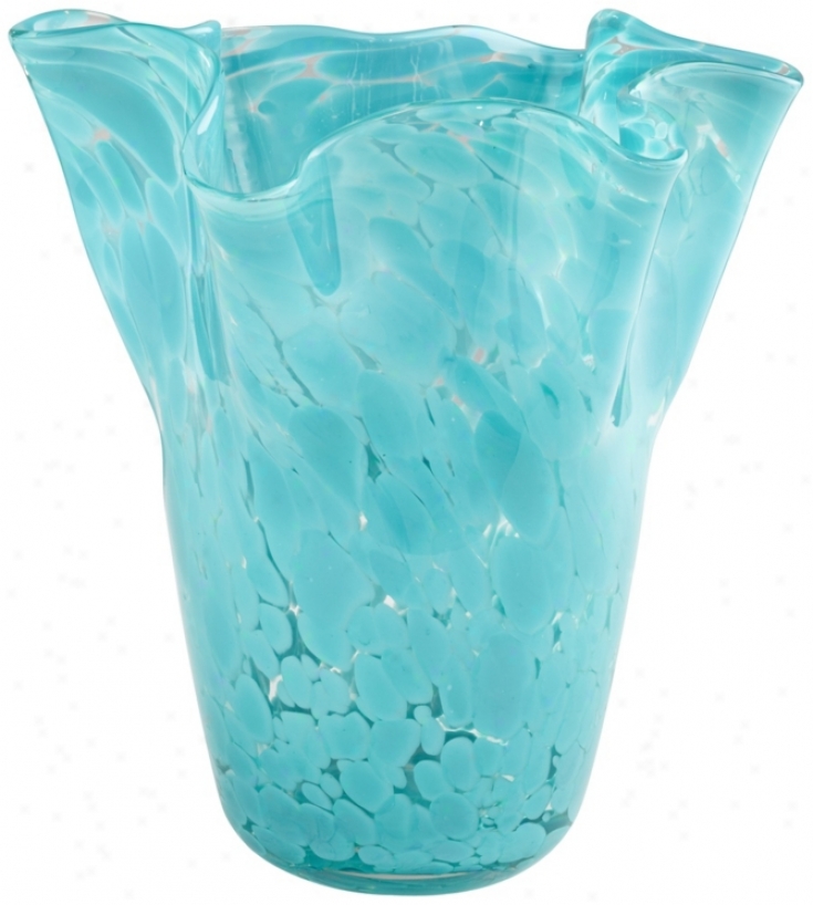 Large Turquoise Handmade Glass Vase By the side of Ruffled Edging (v3902)