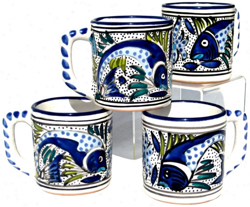 Le Souk Ceramique Aqua Fish Draw Set Of 4 Coffee Mugs (x9945)