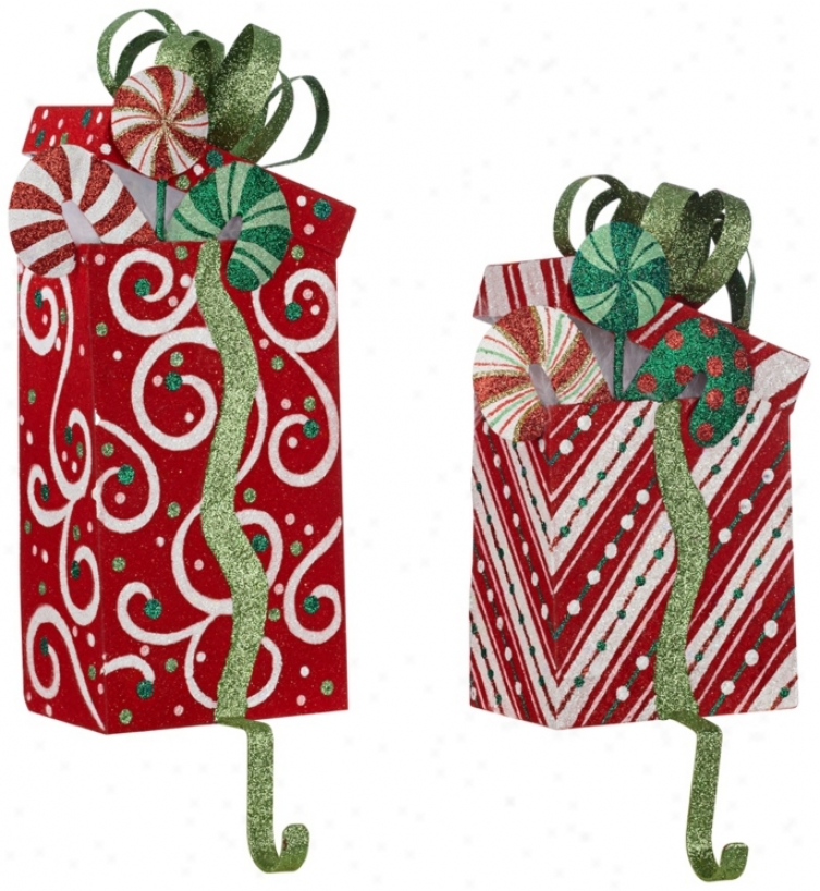 Immovable Of 2 Flocked Propitious Holiday Stocking Holders (w2160)
