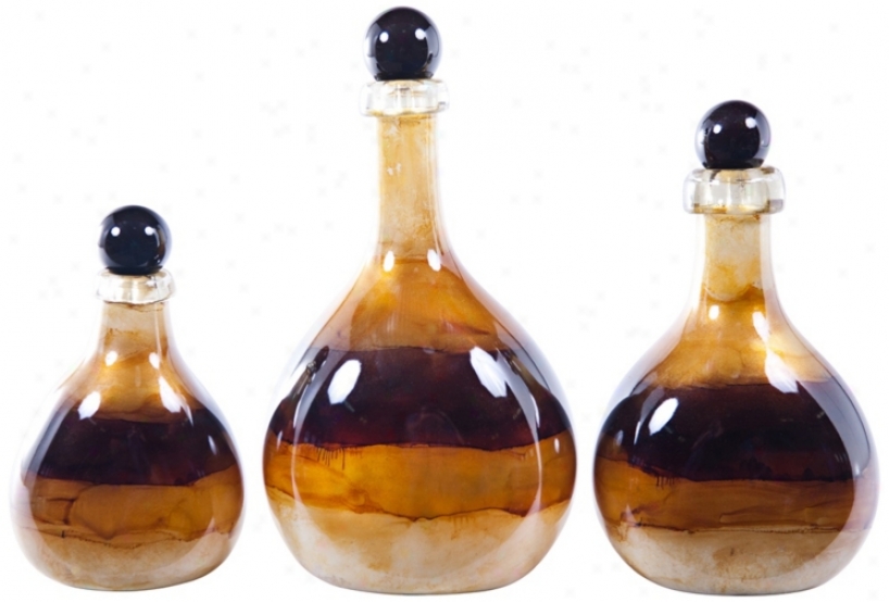 Set Of 3 Goldcoast Decorative Glass Bottles Wiyh Toops (v2762)