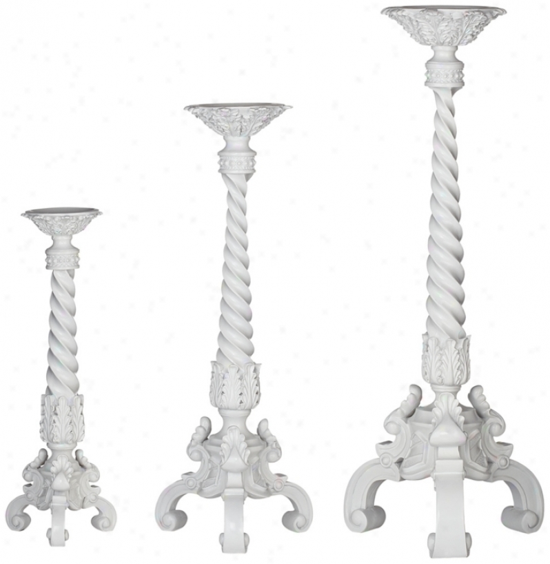 Set Of 3 White Lacuqer Candlesticks (w9710)