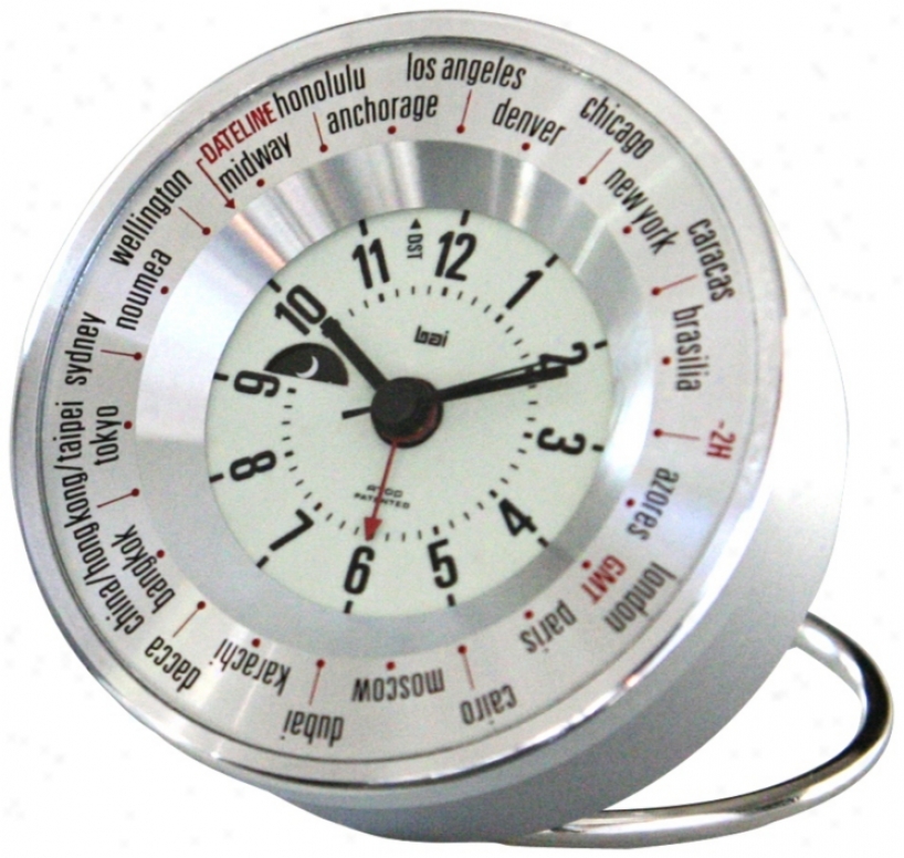 Silver White Globe Trotters Self-set World Time Alarm Clock (v8607)