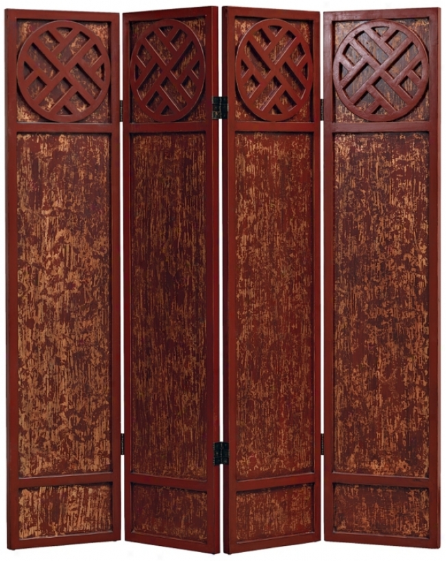 Tang Antique Red Asian 4-panel Room Divider Screen (p2874)