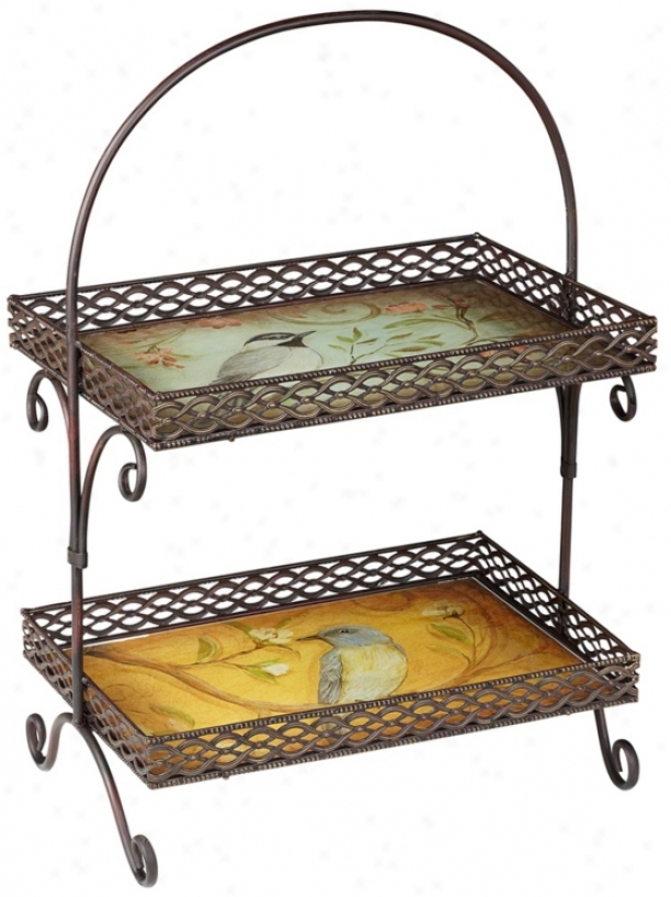 Two-tier Bird Motif Metal And Glass Tray (w0029)