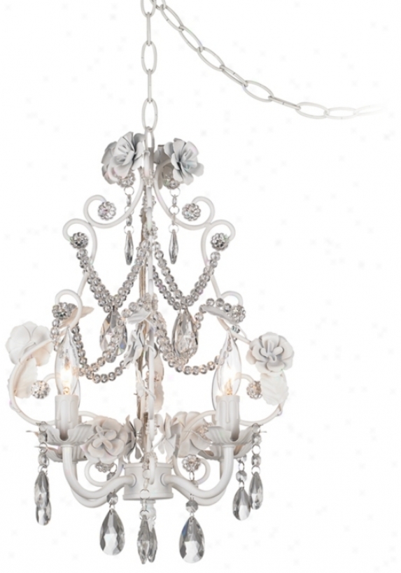 White Floral Attending Crystal Accents Plug-iin Swag Chandelier (p5786)