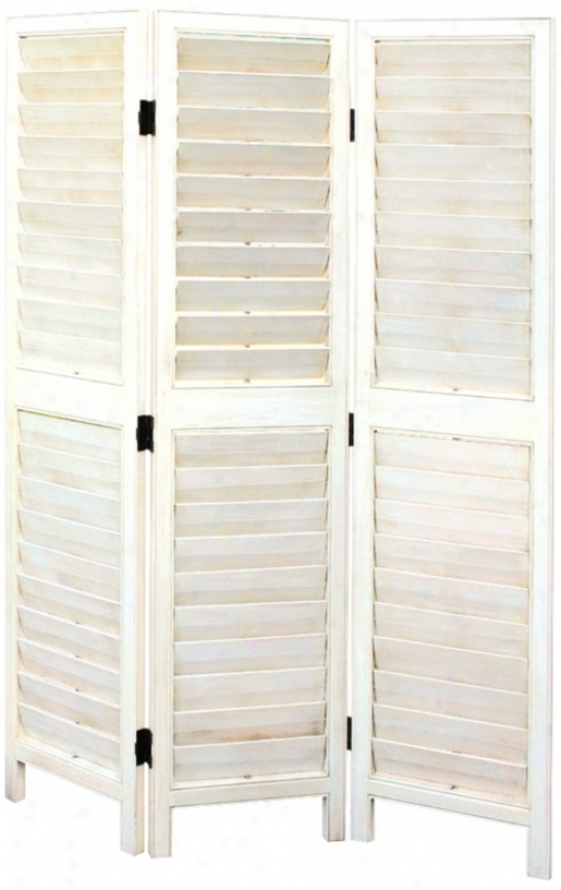 Wite Painted Louvered Three Panel Wood Screen (g7490)