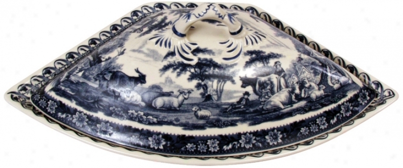 13 1/2" Wide Blue Ans Of a ~ color Porcelain Tureen (r3247)