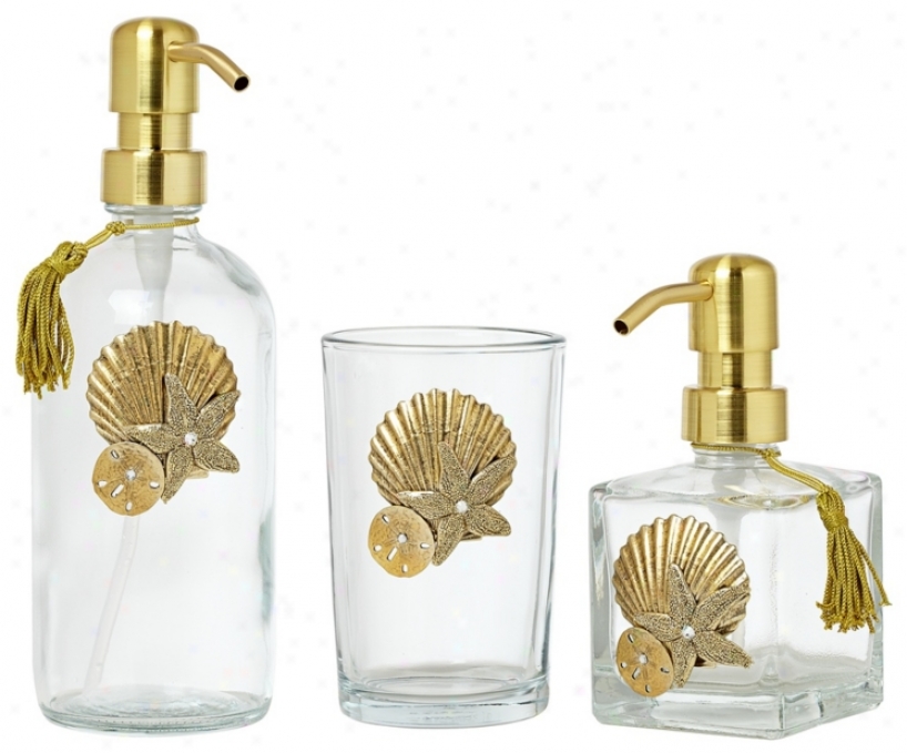 3-piece Jeweled Shells Gold Bathroom Accessory Set (u7928)