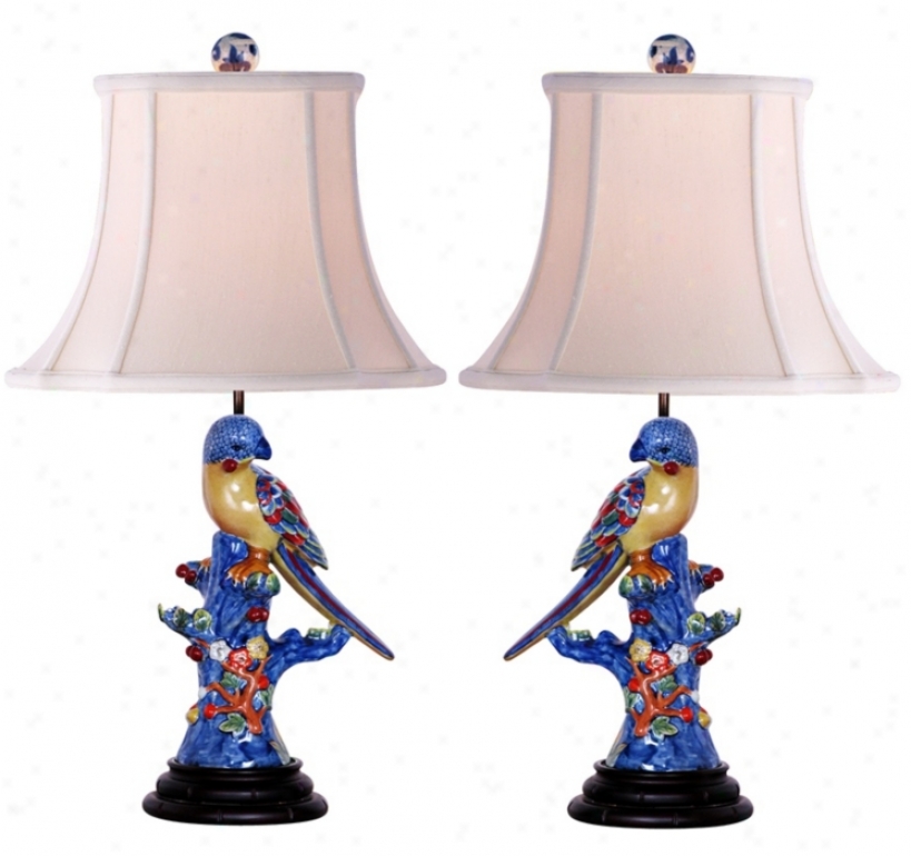 Armorial Porcekain Birds Set Of Two Table Lamps (m9702)