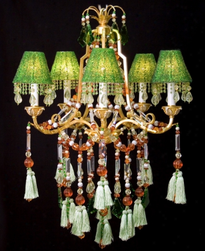 Green Beads And Gold Finish Five Kindle Chandelier (g7410)