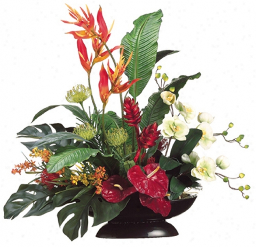 Heliconia And Orchids In Oval Container Faux Flowers (n6705)