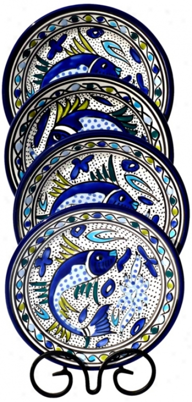 Le Souk Ceramique Aqua Fish Design Set Of 4 Side Plates (x9939)