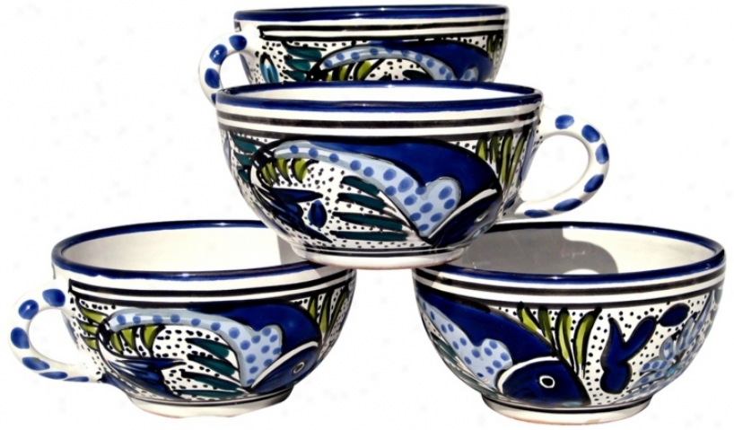 Le Souk Ceramique Aqua Fish Set Of 4 Latte/soup Mugs (x9950)