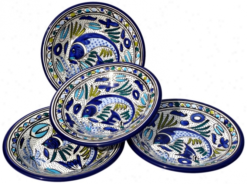 Le Souk Ceramique Aqua Fish Set Of 4 Pasta/salad Bowls (x9927)