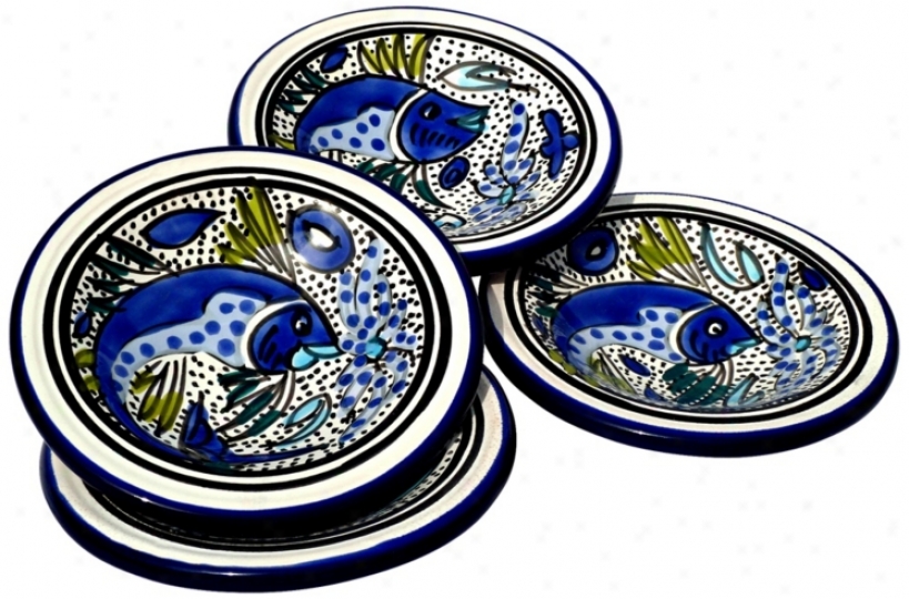 Le Souk Ceramique Aqua Fish Set Of 4 Round Sauce Dishes (x9930)