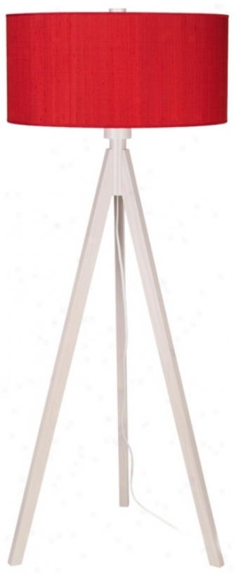 Lights Up! Woody Pickled Red Dupioni Silk Shade Floor Lamp (t2982)