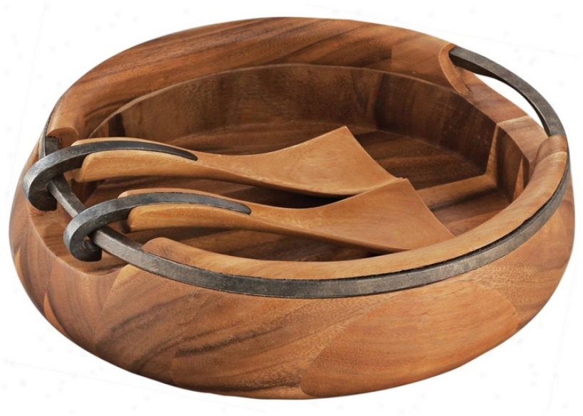 Nambe Anvil Acacia Forest Salad Bowl With Servers (x4161)