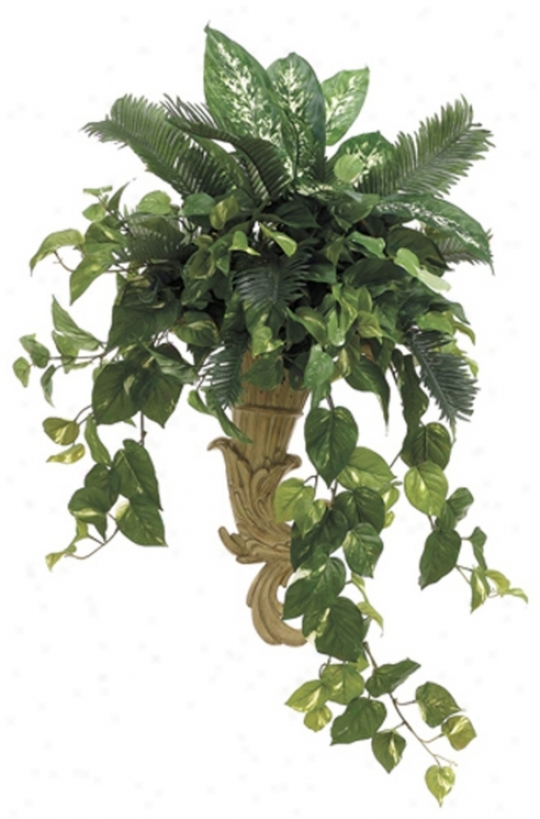 Palm And Potnos In Resin Faux Foliage Wall Sconce (n6772)