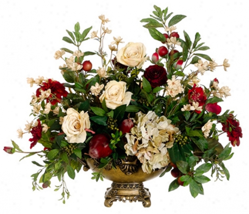 Rose, Helleborus, And Fruit In Resin Urn Faux Flowers (n6717)