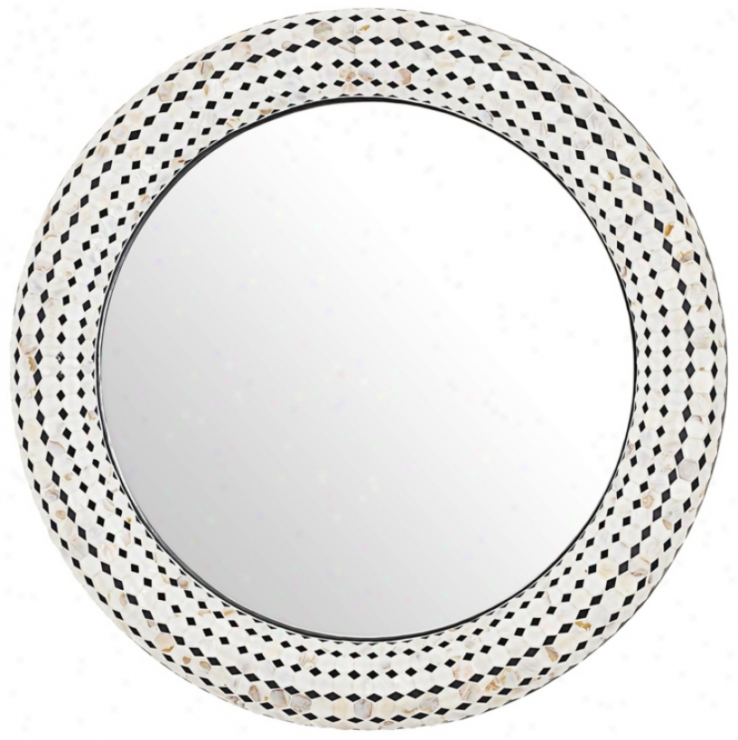 Round 33 1/4" High Checkered Sea Shell Mosaic Wall Mirror (w8595)