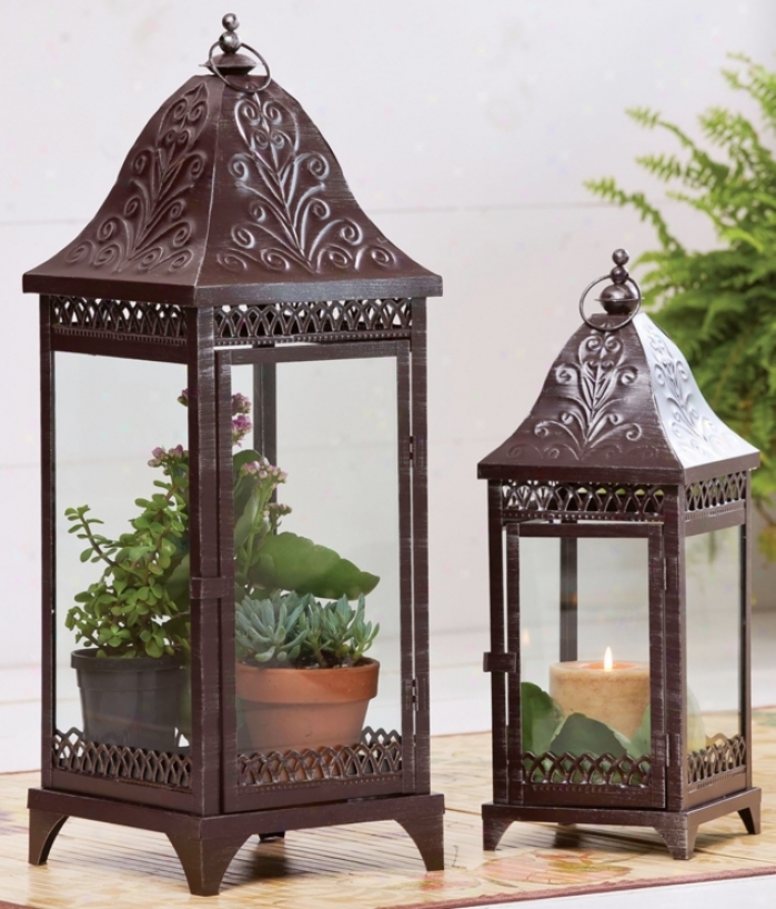 Set Of 2 Bronze Metal Candle Lanterns (w2957)