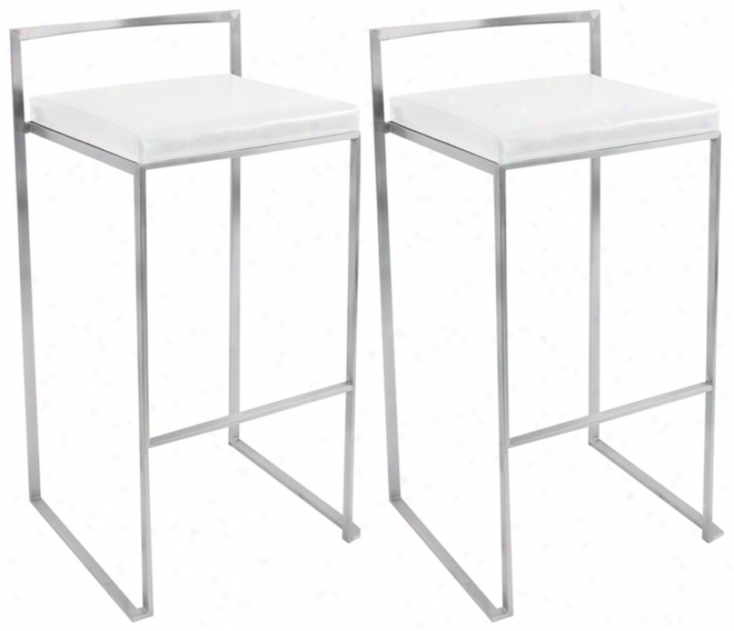 Set Of 2 White Leatherette Fuji Stacjer Modern Bar Stools (t4656)