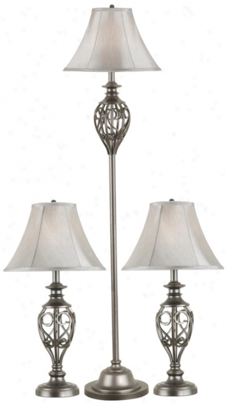 Set Of 3 Cerise Silver Floor And Tablw Lamps (p0742)