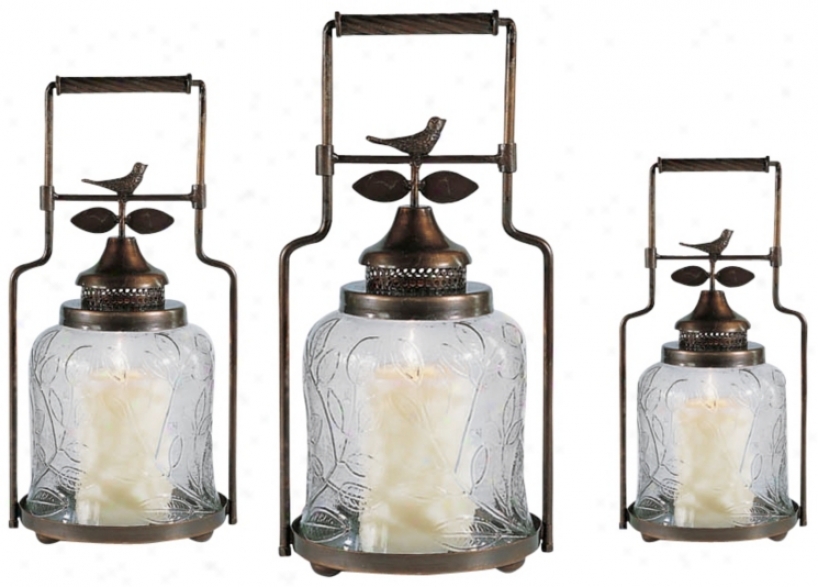 Set Of 3 Clear Bird Nested Lanterns (u3998)