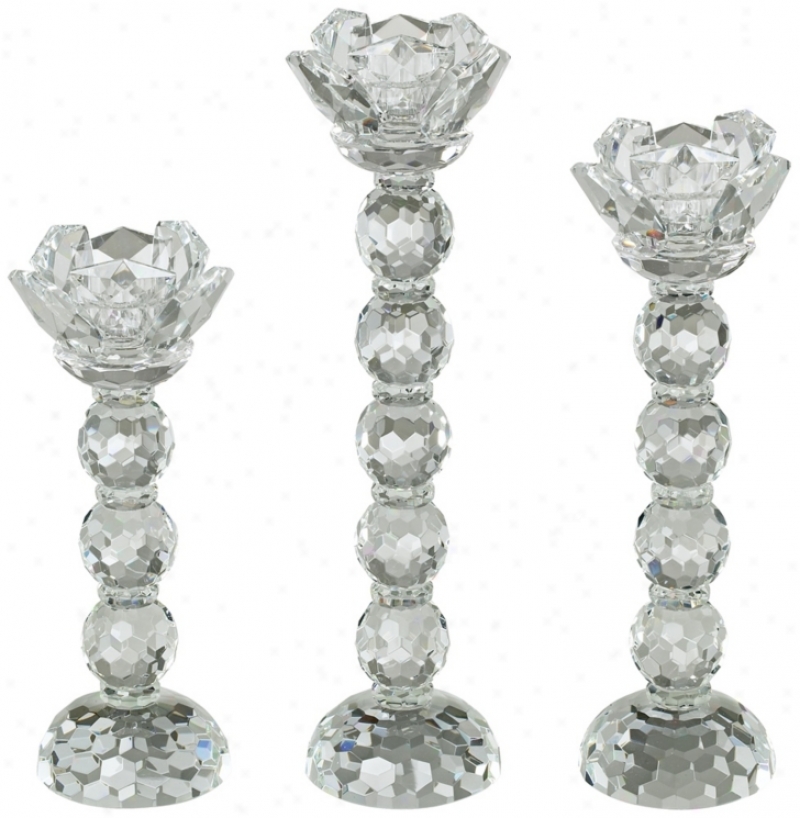 Set Of 3 Clear Crystal Taper Candle Holders (r6046)