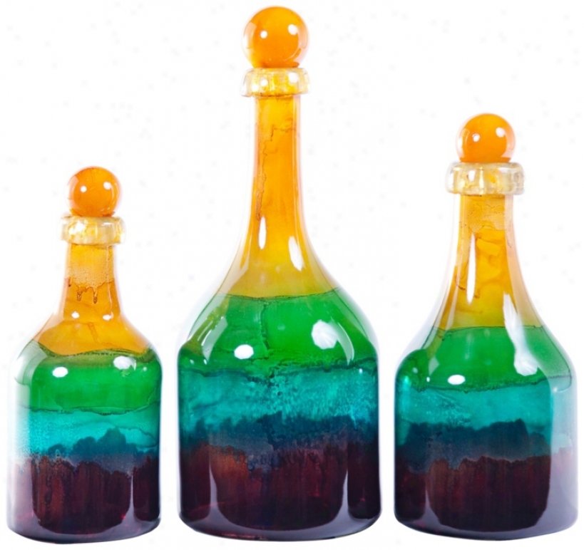 Set Of 3 Cornflower Hand-blown Glass Bottles With Tops (w7374)