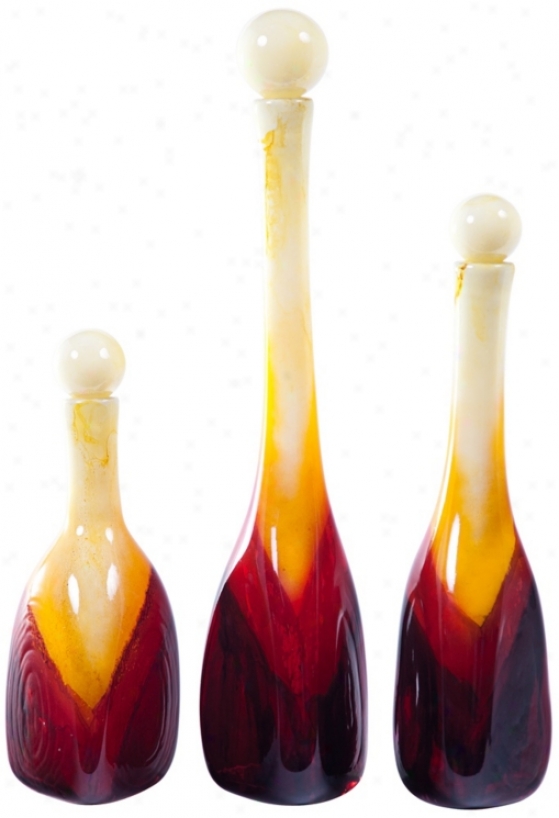 Set Of 3 Corozon Art Glass Bottles With Tops (w7372)