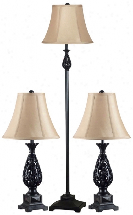 Set Of 3 Prescott Bronze Floor And Taboe Lamps (p0229)