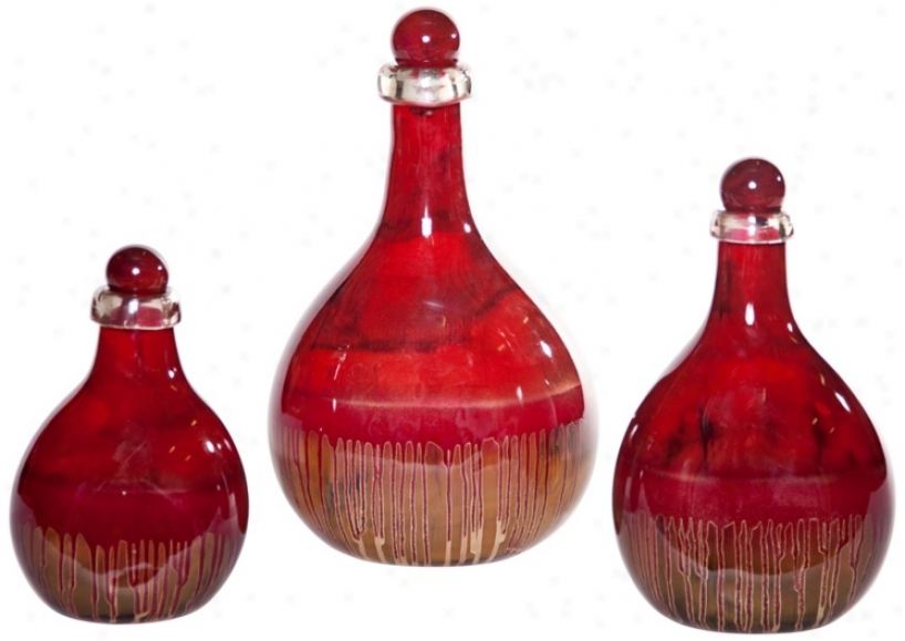 Plant Of 3 Scarlet Drip Glass Bottles With Tops (w6779)