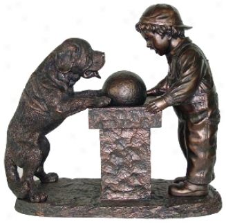 Young Boy And St. Bernard Dog Antique Bronze Fountain (h5571)