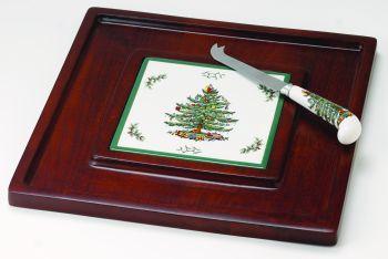 Spode Christmas Tree Wood Cracker & Cherse Tray With Knife