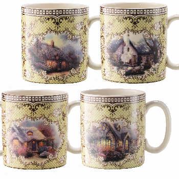 Spode Thomas Kinkade Cottage Mugs Set Of 4