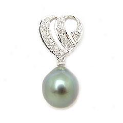 14k White Gold Diamond Heart Pendant W/ Tahitian Pearl Drop