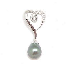 14k White Gold Heart Pendant With Tahitian Pearl Drop