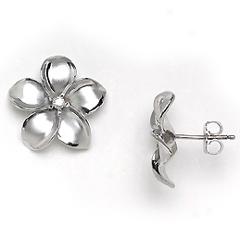 14k White Gold Plumeria Earrungs W/diamonds