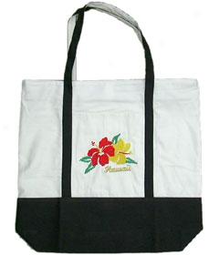 Double Hibiscus Embroidered Tote Bag