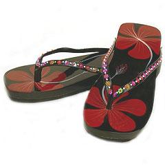 Hibiscus Wooden Sandals- Black & Red