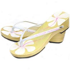 Hibiscus Wooden Sandals With Heel- White