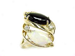 Ladie's Black Coral Oval Ring With Opal