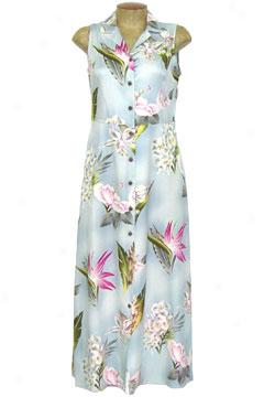 Paradise Blossoms Long Button Down Skeeveless Dress-blue