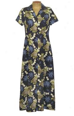 Pineapple Palm Oasis Long Button-down Dress-navy