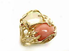 Pink Coral Ring With Opals