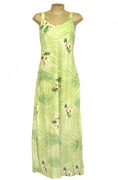 Plumeria On Ferns Bias Cut Long Slip Dress-lime