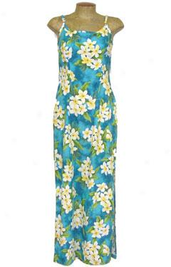 Plumeria Paradise Long Spahhetti Strap Dress-turquoise